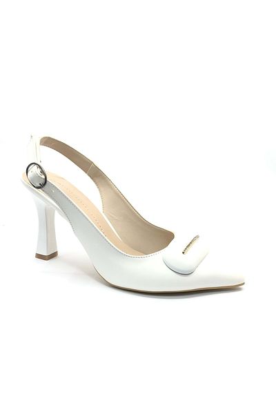Kids Club Shoes Pantofi albi cu toc tip goblet pentru damă - Detaliu cu cataramă Feles