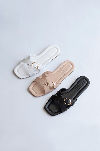 STRASWANS Black Leather Casual Slippers - Platte Women