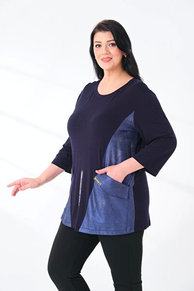 Lady Majestic Γυναικεία μπλούζα μεγάλου μεγέθους με δερμάτινη λεπτομέρεια τσέπης