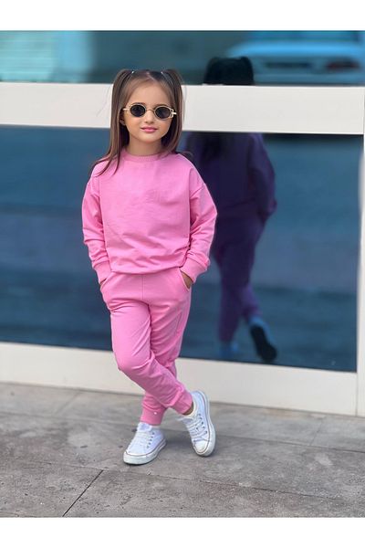 CINARIUM Girl's Pink Color Lycra Tracksuit Crew Suit