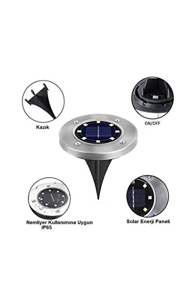 Dnz 8'li 3w Solar Güneş Enerjili Kazıklı Çim & Bahçe Aydınlatma, Paslanmaz Inox, Ip65, Beyaz Işık