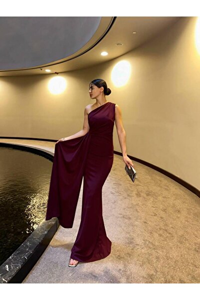 conconmoda Adel One Shoulder Long Stylish Dress Burgundy