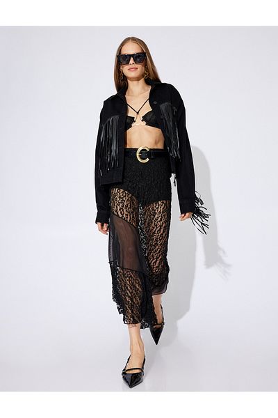 Koton Pernă X Zeynep - Fusta asimetrică din dantelă transparentă cu model leopard, lungime midi