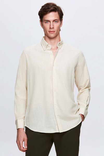 D'S Damat Μπεζ Comfort Linen Look 100% βαμβακερό πουκάμισο - γιακά με κουμπιά, άνετη εφαρμογή
