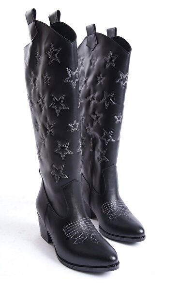Bak Store Silver Star Embroidered Black Leather Cowboy Boots - Zippered Western Women's Shoes