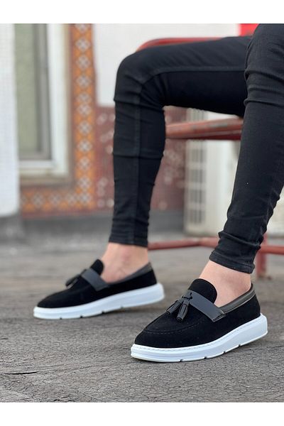 BOA BA0005 Laceless High Sole Black White Sole Skin Belted Classic Tasseled Corcik Men's Shoes