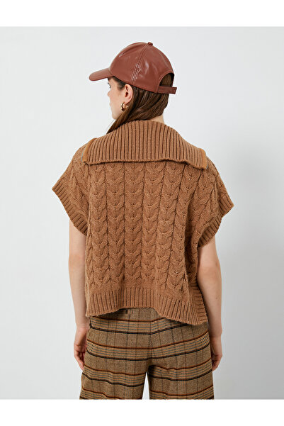 Koton Oversize Süveter Örgü Yarım Fermuarlı Geniş Yaka Saç Örgüsü Desenli