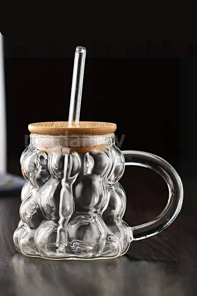 Madamev 2li Bambu Kapaklı Üzüm Tanesi Boncuk Bardak 350ml Isıya Dayanıklı Cam...