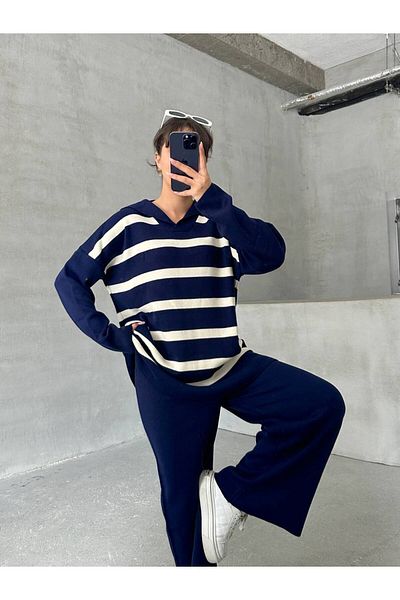 İLKCET MODA طقم علوي وسفلي مخطط برقبة على شكل حرف V