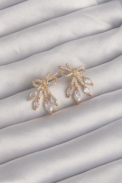 Skygo Gold Colored Brass Zircon Stone Bow Earrings - Tj-bkp9293