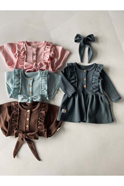 rg kidsstore Kız Bebek Waffle Kumaş Fırfırlı Elbise Takımı