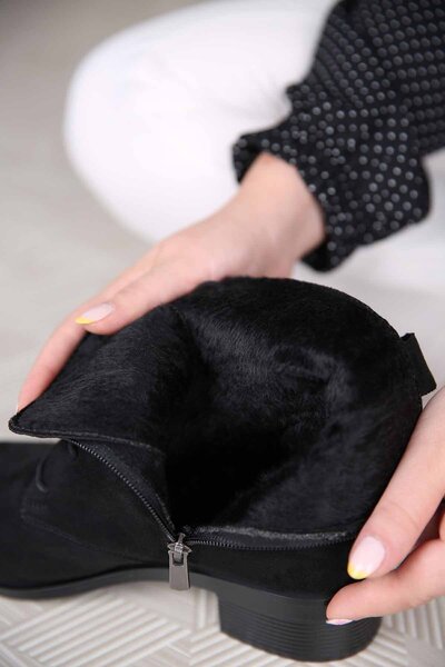 Ccway Kadın Yuvarlak Burunlu Bot Siyah Süet