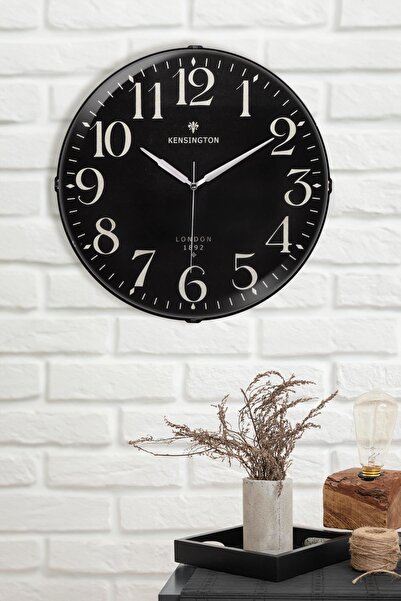 Genel Markalar KENSINGTON LONDON YAZILI SİYAH ZEMİNLİ BOMBELİ DUVAR SAATİ 35 CM