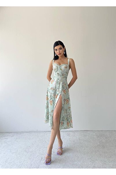 conconmoda Askılı Yırtmaçlı Elbise - Yeşil