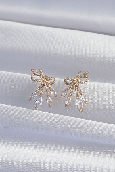 Skygo Gold Colored Brass Zircon Stone Bow Earrings - Tj-bkp9293