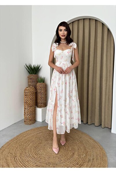 conconmoda Askılı Çiçekli Şifon Kayro Midi Elbise