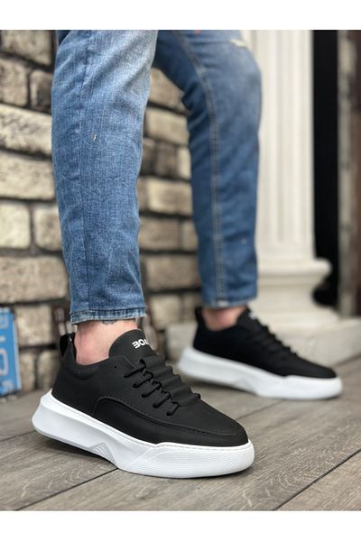 BOA BA0332 Ladder Pattern Lace Up Men's High Sole Black Skin White Sole Sports Shoes