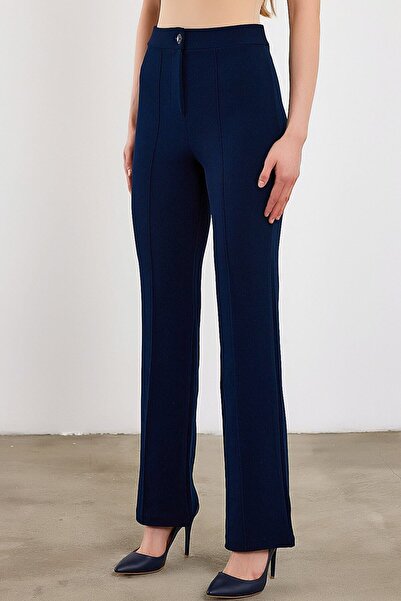 KAŞİHA Lacivert Elegant Nervür Dikişli Toparlayıcı Önü Çimalı Yüksek Bel Bürümcük Palazzo Pantolon