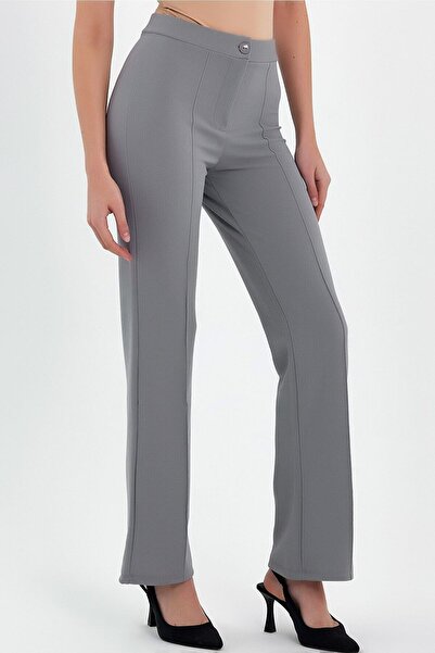 KAŞİHA High Waist Ribbed Stitched Gathering Gray Palazzo Trousers - Grassy Wr...