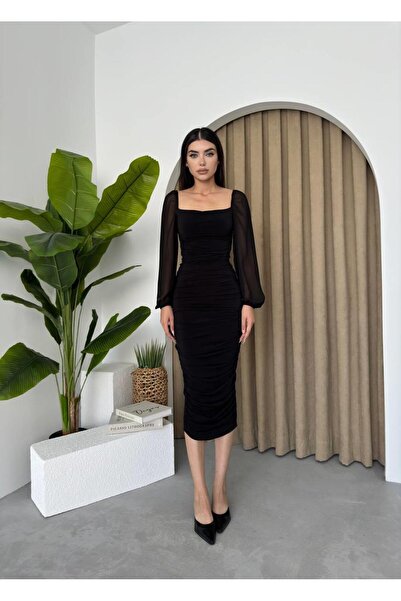 conconmoda Sildane Drapeli Tül Kol Elbise