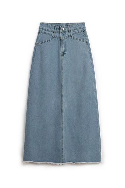 praye Light Blue Long Tasseled Denim Skirt
