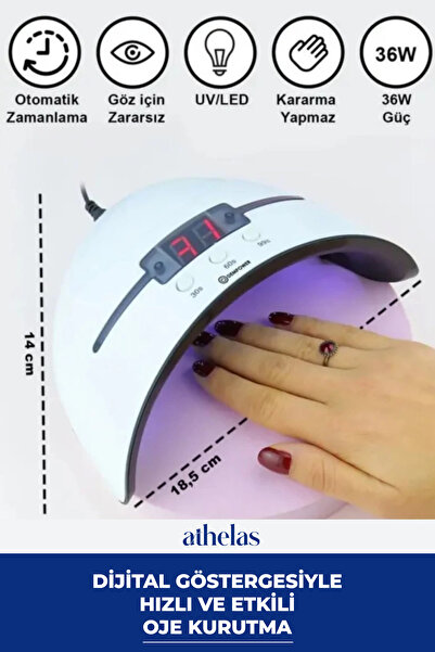 Athelas 12 Adet UV Işıklı 36W Hızlı Kuruyan Fototerapi 3 Modlu Led Kalıcı Oje...