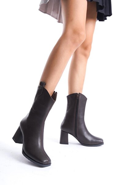 Bak Store Bitter Brown Cowboy Style Blunt Toe Thick Heeled Women's Boots Half Boots