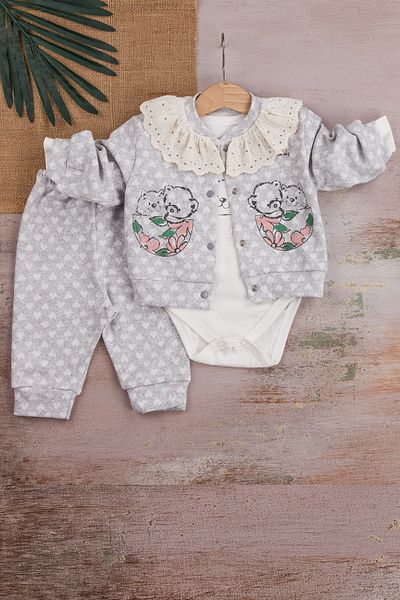 Babydonat Embroidered Heart Patterned 3-Piece Baby Girl Set with Cardigan