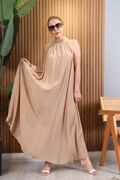 MİSLİNA BUTİK İthal Boyundan Bağlama Detay Bej Elbise