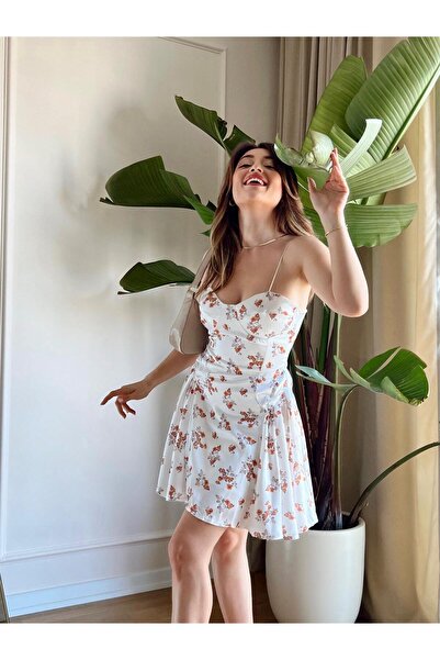 conconmoda Saten Çiçekli Askılı Elbise - Kırmızı