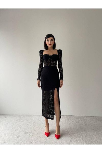 conconmoda Rochie Midi din Dantela Iris Neagra - Glop and Slit