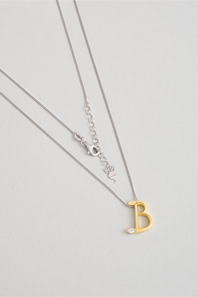 So CHIC... Asimetrik B Harfi 18 Ayar Beyaz ve Sarı Altın Kaplama 45 Cm Gümüş Harfli Kolye
