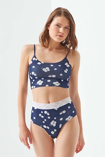 Cottonhill Синьо-білий бюстгальтер з лазерним вирізом, регульованими бретелями та візерунком ромашок
