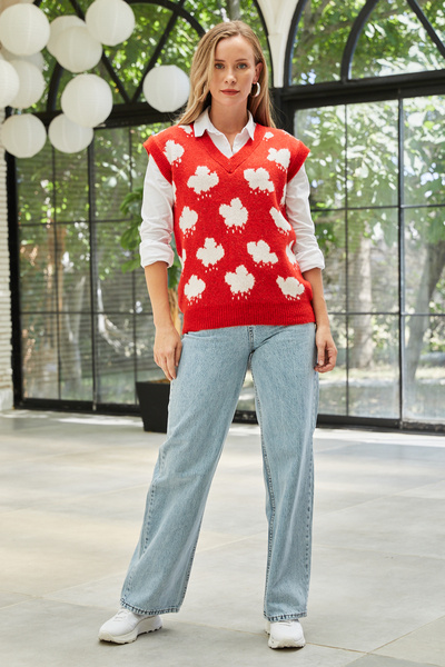 MODA Kadın V Yaka Bulut Desenli Triko Süveter