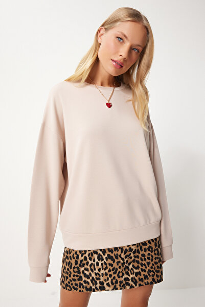 Lovelyİstanbul Basic Mevsimlik Modal Örme Sweatshirt KREM LAN0012
