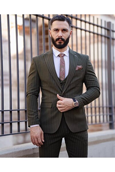 Salihtarzz ITALIAN CUT STRIPED MEN'S GREEN SUIT WITH VEST - SLIM FIT SD4853