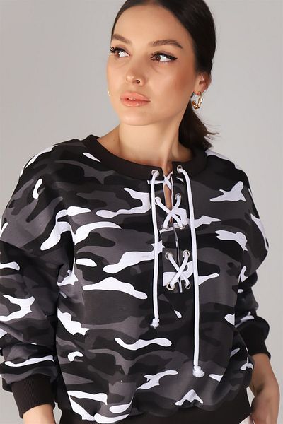 SWEETNESS Hanorac oversize, cu șireturi, cu model de camuflaj