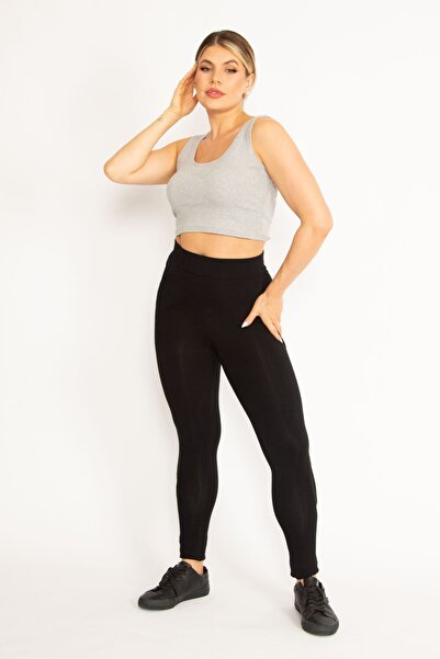 Şans Women's Large Size Black Tulle Detailed Viscose Leggings 65n34706