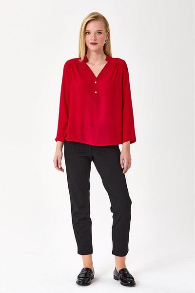 İKİLER High Collar Buttoned Front Long Sleeve Blouse 245-3015