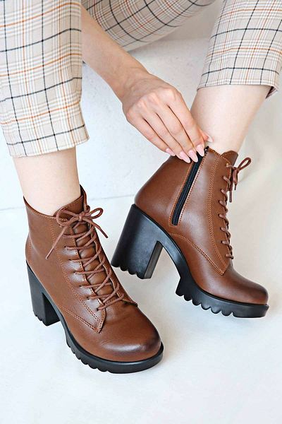 Ccway Lace-Up Γυναικείες μπότες με τακούνι Tan Skin