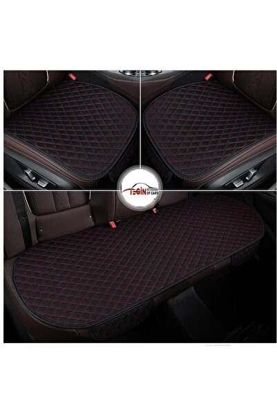 Tegin Car Seat Cushion Front and Rear Set 3 Pieces Black Fabric Red