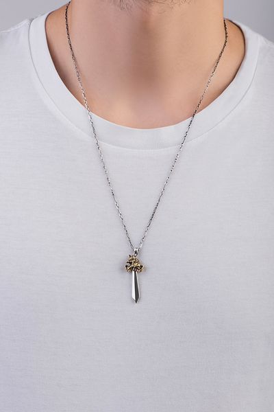 So CHIC... 65 cm Silver Men's Necklace with Gokturk Sword Oxide