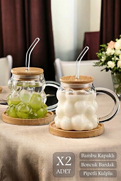Madamev 2li Bambu Kapaklı Üzüm Tanesi Boncuk Bardak 350ml Isıya Dayanıklı Cam...