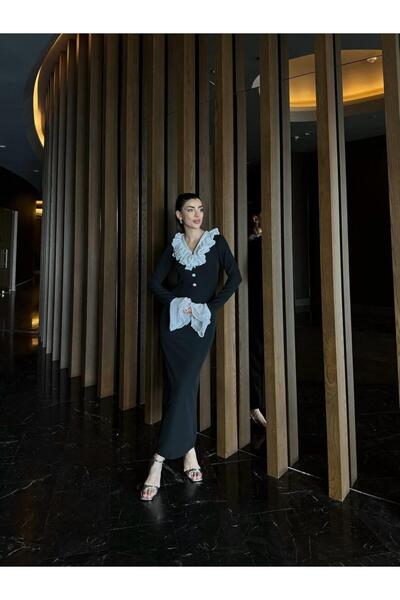 conconmoda Tasarım Uzun Yaka Fırfır Detay Joker Elbise