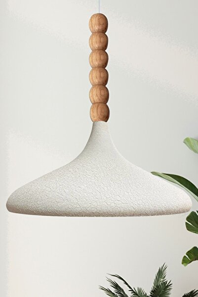 Bamyum Dokulu Açık Krem Champion Ahşap Altı Boncuklu Tekli Avize Sarkıt Salon Mutfak Butik Lamba