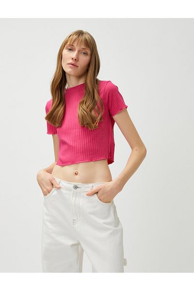 Koton Crop T-Shirt Short Sleeve Stand Collar