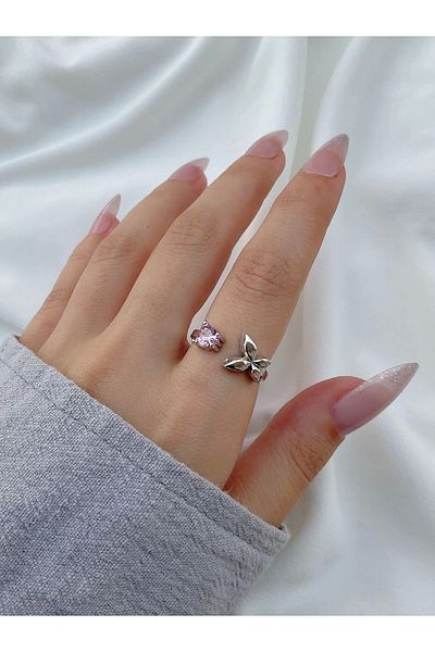 Eylülün Takısı Color Adjustable Silver Women's Ring - Pink Stone and Butterfly Model