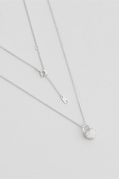 So CHIC... Aşk Kilidi 18 Ayar Beyaz Altın Kaplama 45 Cm Gümüş Çift Taraflı Kolye