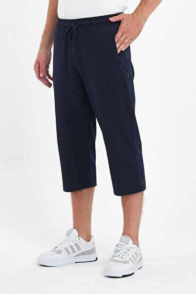 COMEOR Erkek Cepleri Fermuarlı Lacivert Bermuda Diz Altı Kapri Beli Ayarlanabilir Lastikli Uzun Şort