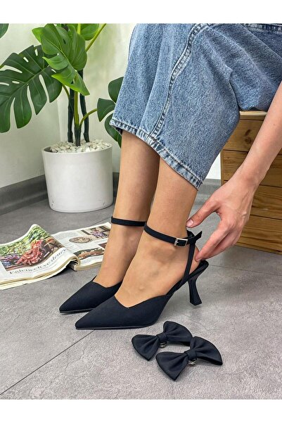 ERVANIN BUTİĞİ Siyah Saten (Jolie) Tak Çıkar Aksesuarlı Stiletto